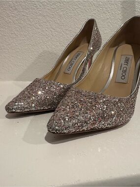 Jimmy Choo Rose Gold Glitter Pointed-Toe Pumps
